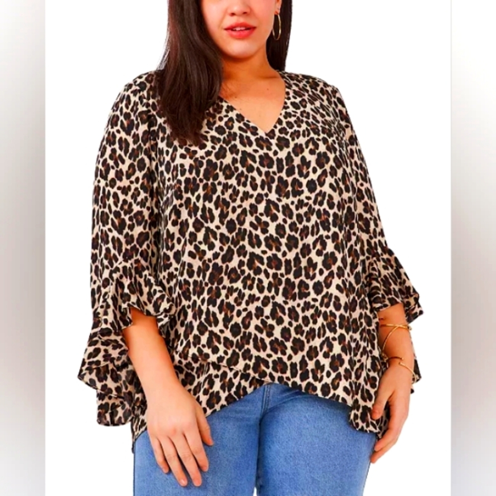 NWOT VINCE CAMUTO Elegant Leopard Flutter Sleeve Top Sz 2XL